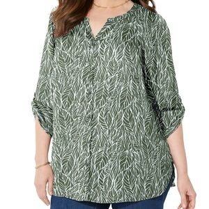 Catherine’s Georgette Button Front Blouse Size 6X Green Tropical Floral Print